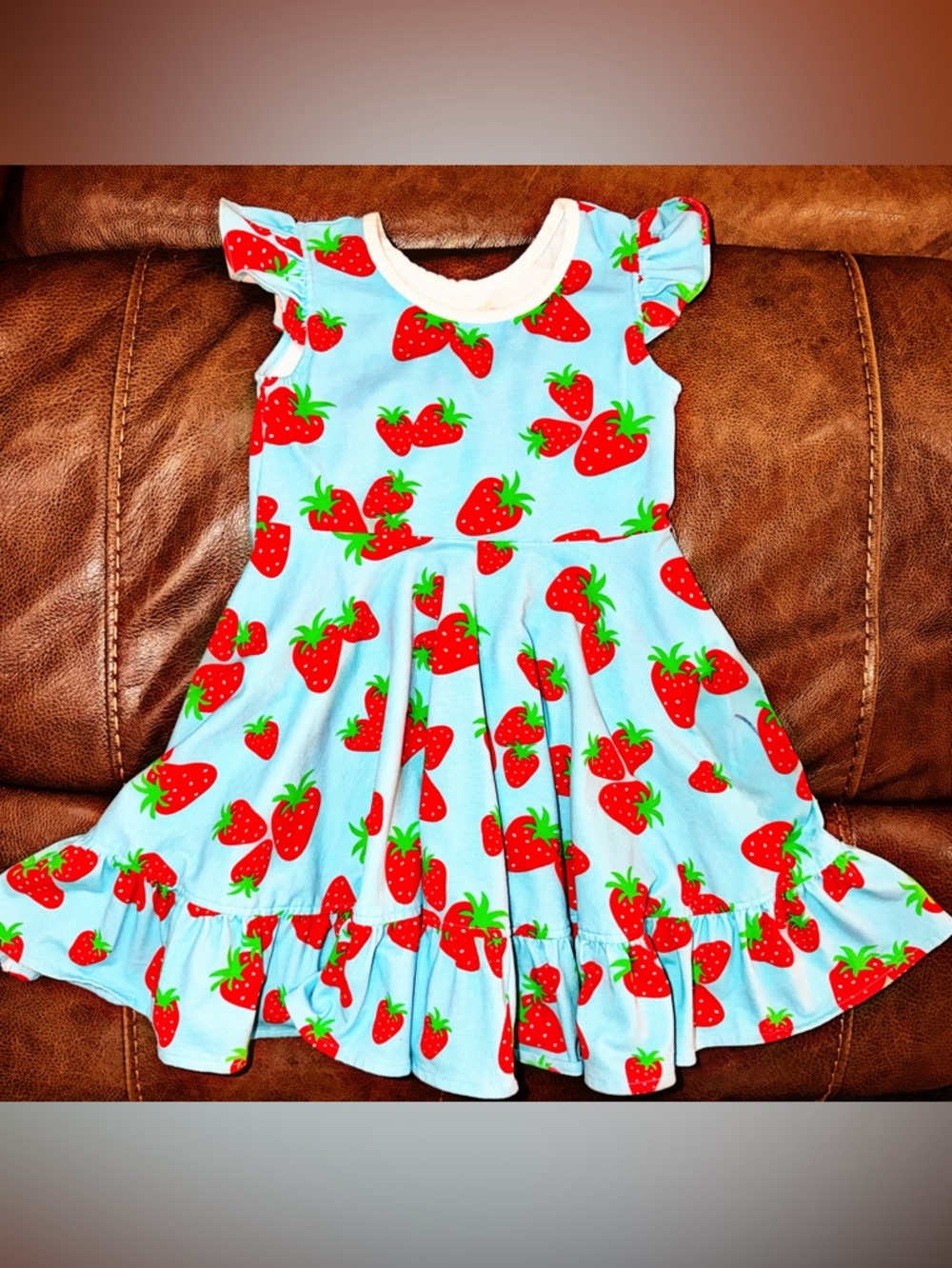 Eleanor Rose Strawberry Print Light Blue Ruffle Dress